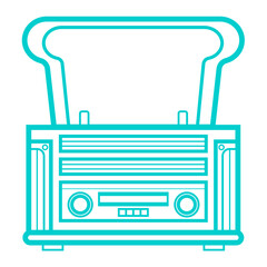 Radio. Radio receiver contoured on legs. An object with an open lid. There are buttons and adjustment knobs. The speakers are located on the sides and in the middle.