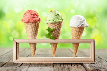 Various ice cream in waffle cones