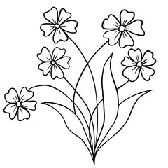 Hand drawn floral flower leaves illustration, black white elegant wedding ornament, Line art minimalism tatoo style design summer spring nature branch foliage blossom.