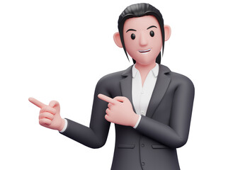 woman in formal suit pointing to the side with both fingers, smart business woman pointing illustration 3D rendering