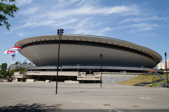 Spodek hall, multipurpose arena complex. Indoor modern sports and entertainment venue on July 21, 2022 in Katowice, Poland.
