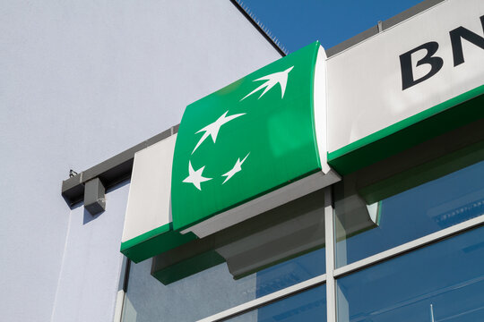 BNP Paribas Bank logo sign. Banque Nationale de Paris, French banking and financial services company, branch office building signboard on June 5, 2022 in Mielec, Poland.