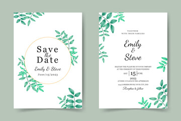 wedding invitation card template. beautiful watercolor leaves background