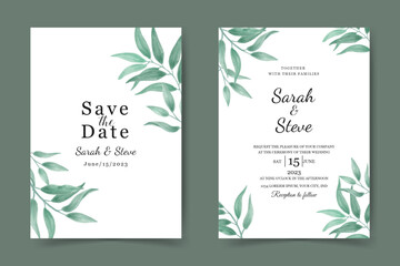 wedding invitation card template. beautiful watercolor leaves background