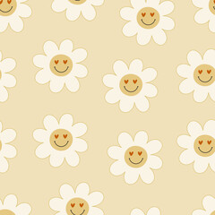 groovy seamless pattern with cartoon flowers, d&eacute;cor elements. retro style, vector illustration. hand drawing. design for fabric, print, wrapper, textile