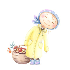 Happy girl with a basket of mushrooms Watercolor illustration.