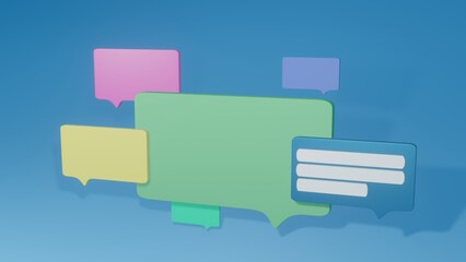 Bubbles of text chat, different sizes and colors on blue background in 3D space.