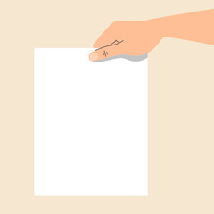 Hand holding empty banner vector isolated. Illustration of hand holding white paper sheet. Empty space for message.