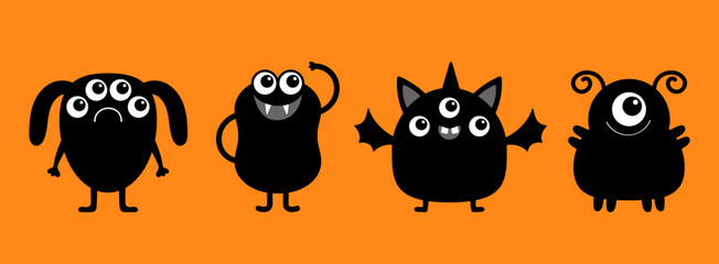 Obraz premium Happy Halloween. Monster icon set line. Black silhouette. Funny face. Cute kawaii cartoon baby character. Sticker print template. Eyes, horn, fang teeth tongue. Flat design. Orange background.