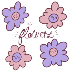Cute pink and purple cartoon flowers with happy smiling faces illustration vector set png