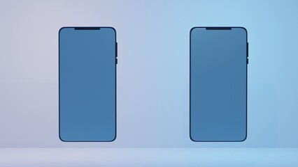 Two smartphones in 3D space with blank screens for insertion.