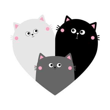 Cat heart set. Mother, father, bay. Happy Valentines day. Cute cartoon kawaii funny character. Black White Yin Yang kitty kitten. Couple family. Sticker template. White background. Flat design.