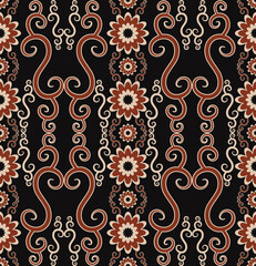 Vector embroidery red-gold color ethnic floral shape seamless pattern on black background. Use for fabric, textile, interior decoration elements, upholstery, wrapping.