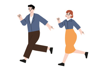 Fototapeta na wymiar Determined business woman and man running fast together. Businesswoman and businessman team trying to be in time. Flat style vector illustration isolated on white background.