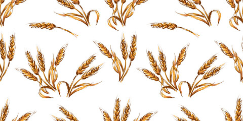 Spikelets of wheat, rye, barley or oats. Seamless background. Ripe cereals. Cereals for bread production. Drawing by hand. Isolated on a white background.