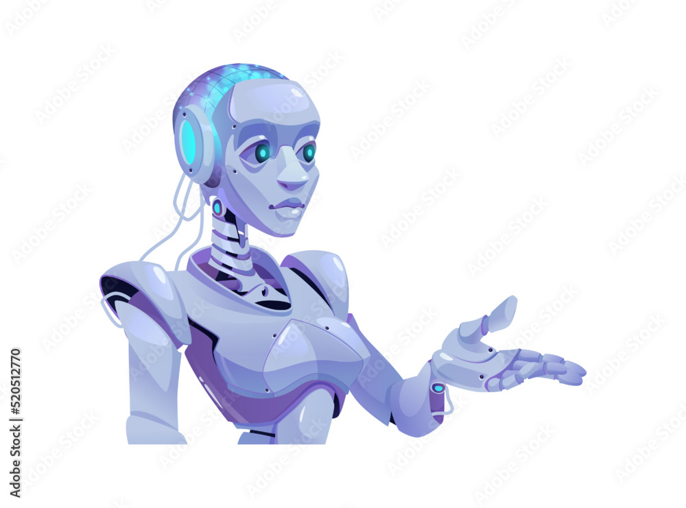 Poster lady robot, sci fi cyber girl gesture hand and point. vector woman robot artificial intelligence fem