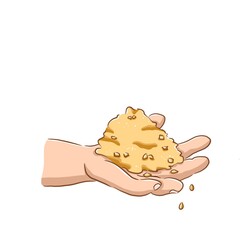 Hands holding wheat seeds. Food crisis. Grain and seeds. Doodle illustration in yellow, beige and brown tones in cartoon style