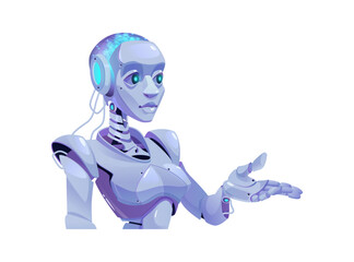 Lady robot, sci fi cyber girl gesture hand and point. Vector woman robot artificial intelligence female cyborg isolated futuristic character. Ai bot, mechanical droid robotic smart helper