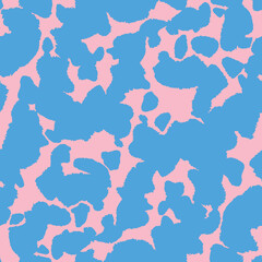 Tie dye camo style. Abstract pastel blue and pink color, simultaneous contrast seamless pattern. Fashionable camouflage texture. Wallpaper print on fabric. Vector background