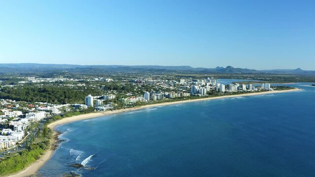 Aerial Drone View Of Tourist Destination Sunshine Coast Beach Headland And Shoreline On Clear Day, 4K