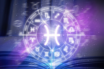 Pisces zodiac sign. Zodiac circle on a dark blue background of the space. Astrology. Cosmogram. twelve signs of the zodiac