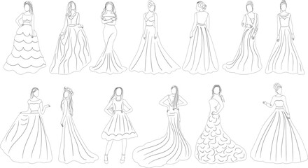 brides set, collection sketch on white background outline isolated, vector