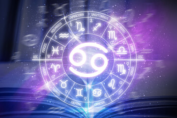 Cancer zodiac sign. Cancer icon on blue space background. Zodiac circle