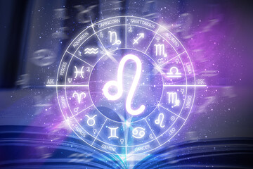 Leo zodiac sign. Leo icon on blue space background. Zodiac circle
