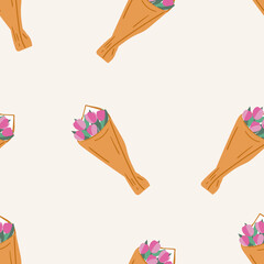 Seamless pattern made with tulip bouquets. Flowers wrapped in craft paper. Minimal concept. Hand drawn illustration.