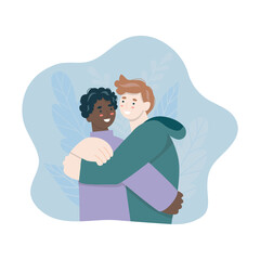 Two men are hugging. LGBTQ, love, support concept. Help and compassion, depression illustration. Family crisis, happiness, relationships.