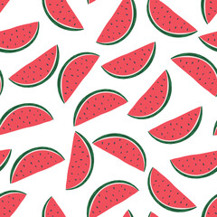 Watermelon seamless pattern on the white background. Summer ripe fruits concept. A delicious slices with seeds.