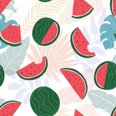 Watermelon and tropical leaves seamless pattern. Summer ripe fruits concept. A delicious slices with seeds.
