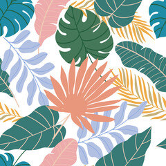 Fototapeta na wymiar Tropical leaves seamless pattern on white background. Pastel colors. Hand drawn illustration.