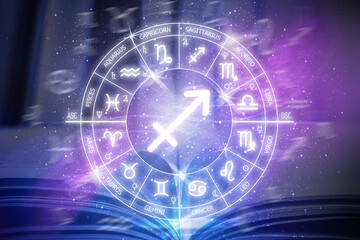 Sagittarius zodiac sign. Sagittarius icon on blue space background. Zodiac circle