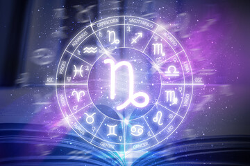 Capricorn zodiac sign. Capricorn icon on blue space background. Zodiac circle