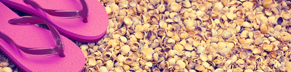 Beach scene.Flip flop sandals lying on sea coquina shells