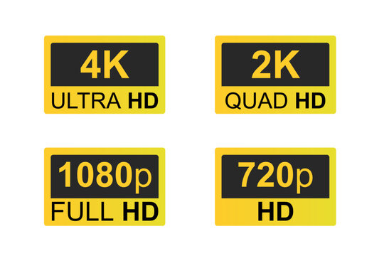 Pack of Display Resolution Icons, Video Dimensions Gold Icons, Ultra HD 4K, 2K 1080p, 720p Vector
