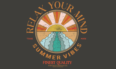 Relax your mind at the beach vintage graphic print design for t shirt and others. Beach adventure, background. Summer vibes illustration. - obrazy, fototapety, plakaty