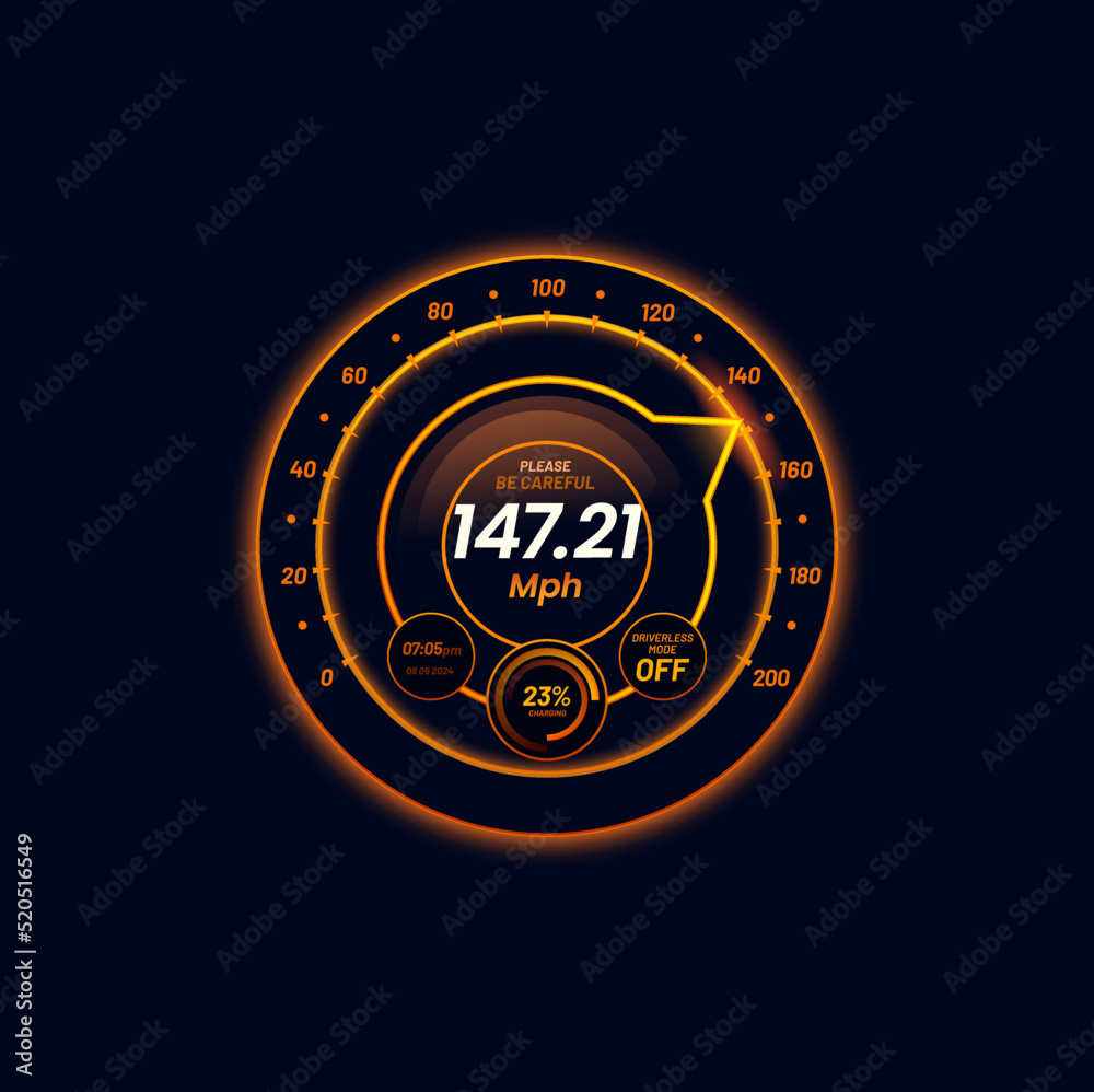 Leinwandbilder Car futuristic speedometer gauge neon dial neon scale. Automobile or motorcycle speed meter counter, auto dashboard vector gauge or tachometer indicator with glowing orange neon arrow and MPH info