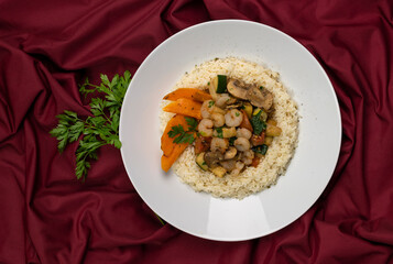 Delicious shrimps with vegetables and rice