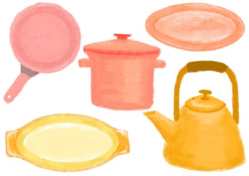 パステル風でピンクやオレンジの鍋やお皿のキッチン用品