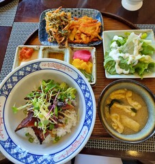 japanese rice with eel with salad and soup