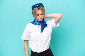 Airplane blonde stewardess woman isolated on blue background with neckache