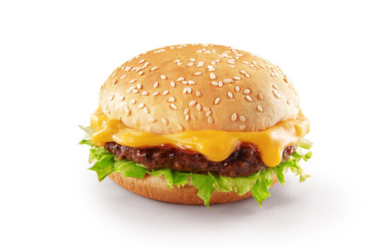Delicious Melted Cheese Beef Burger consists of Bun Bread, Patty, Pickle, Onion, Mayonnaise, Ketchup and Melted Red Cheddar Cheese in a white background