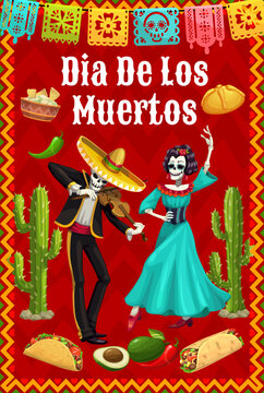 Dia de los Muertos Mexican holiday poster with Catrina dancing and mariachi skeleton playing violin traditional characters. Vector Day of dead personages, cacti, tex mex food and papel picado flags