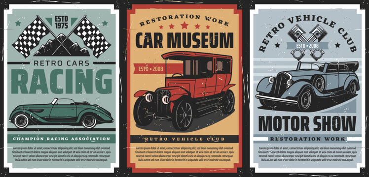 Retro cars racing, museum and motor show posters. Vehicles history exhibition, retro automobiles restoration club and motorsport competition flyer. Vintage cabriolet coupe, antique sedan vector
