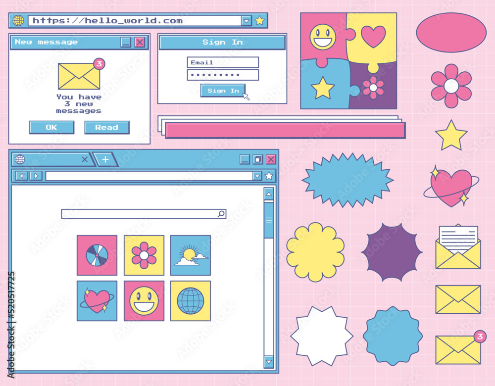 Fototapete set of various user interface elements and stickers. nostalgic retro y2k old computer style. web bro
