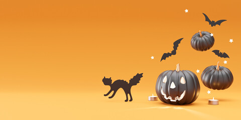 Halloween decoration on orange background. Free, copy space for your text or logo. Halloween banner, mock up design, template for advertising. Black pumpkin, bat, cat, candles. 3D rendering.