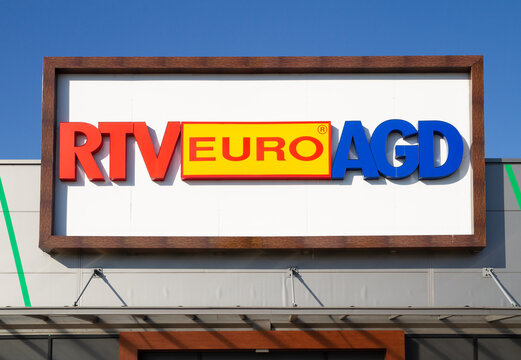 RTV Euro AGD shop with logo sign board hanging above entrance door. Electronics and home appliances retail chain store. Polish company signboard with brand logotype on June 5, 2022 in Mielec, Poland.