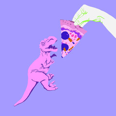 Fashion mimimal illustration. Hungry dinosaur pizza lover, junk food concept